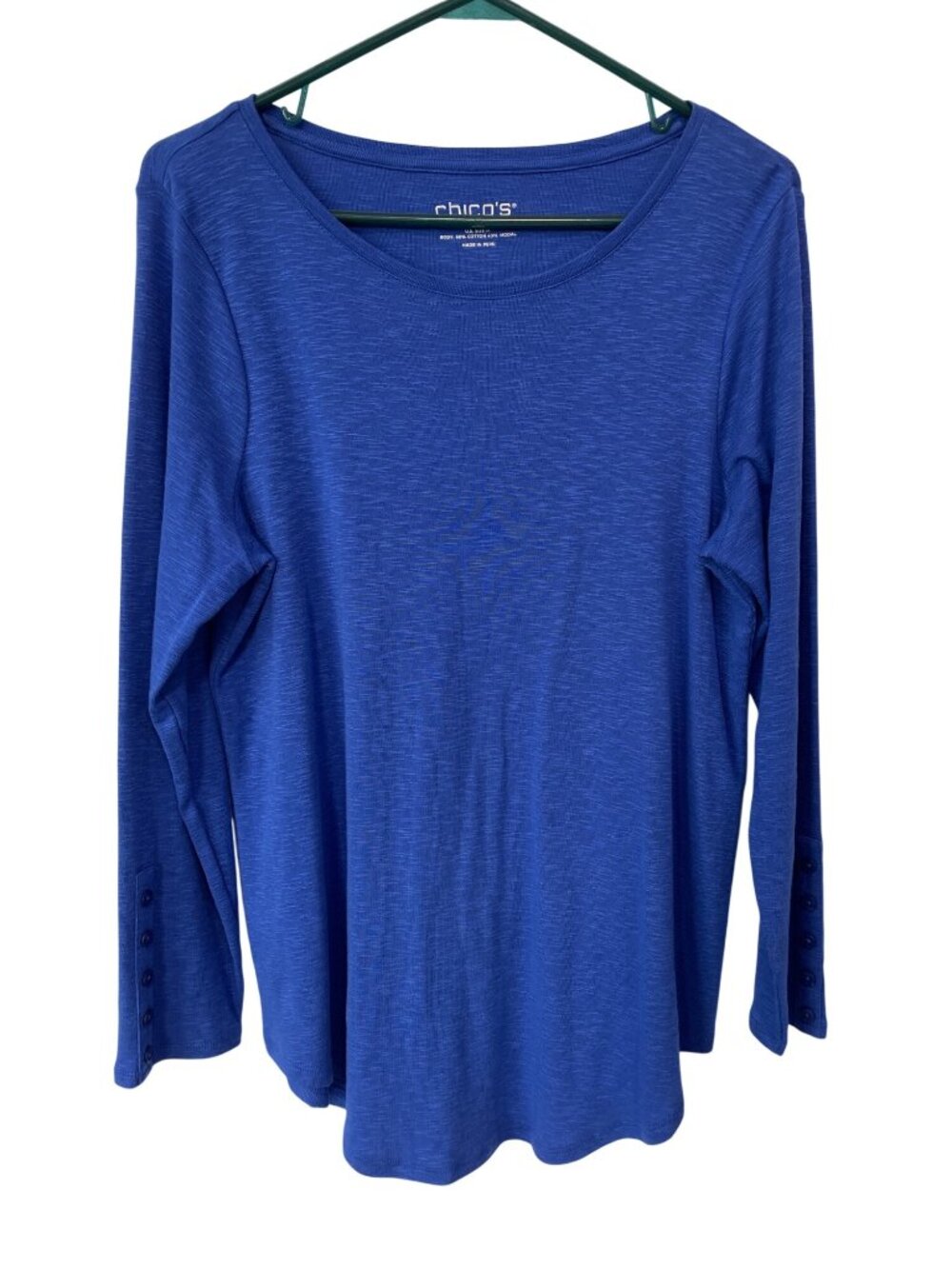 Chicos Top Medium Crewneck Long Sleeve Tee Cotton Modal Royal Blue Everyday Wear